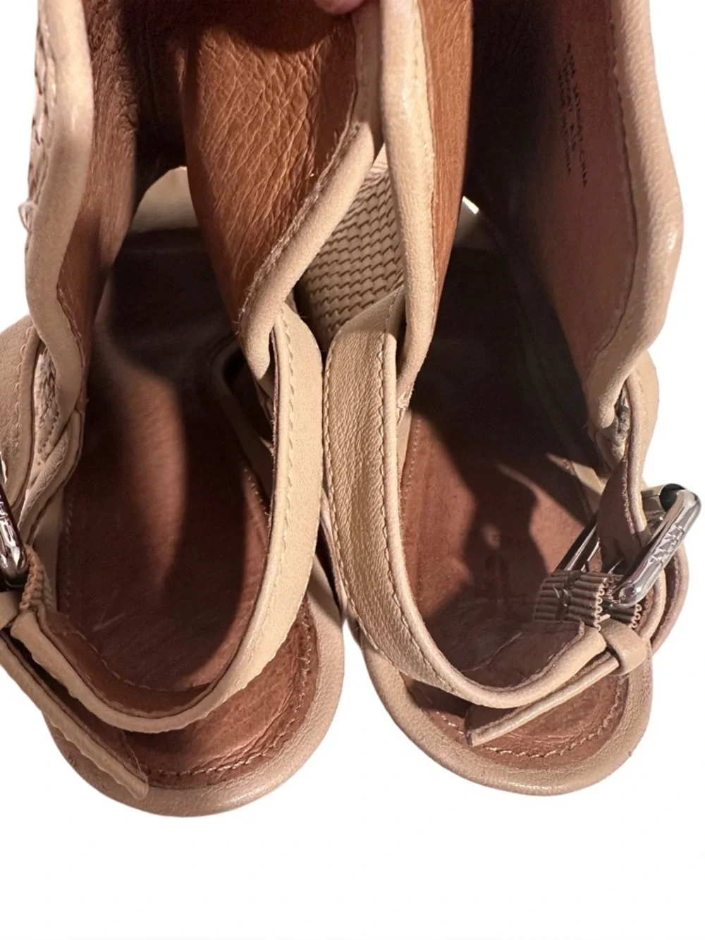Frye Dani Woven Shield Leather Block Heel Peep Toe Sandals - Tan/Cream/Beige 8.5